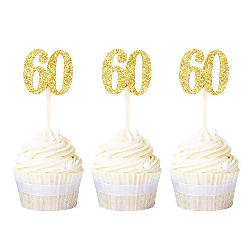 Ercadio Double Sided Glitter 60th Birthday Cupcake Toppers Gold Number 60 Sixty Cupcake Picks Wedding Anniversary Party Cake Decoration Supplies 24 PCS