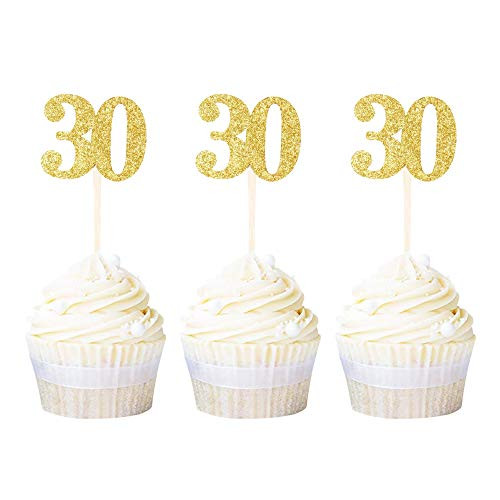 Ercadio 24 Pack Double Sided 30th Birthday Cupcake Toppers Gold Glitter Number 30 Thirty Cupcake Picks Wedding Birthday Anniversary Party Cake Decorations