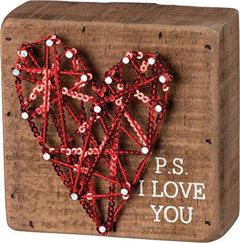 Primitives by Kathy String Art Wood Box Sign P.S. I Love You, 4" Square