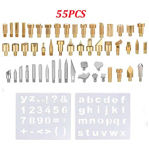 Wood Burning Kit 55Pcs Soldering Iron Tool Wood Burning Pen Tips Carving Iron Tip Stencil Soldering Iron Pyrography Working Carving Engraving Craft Tools for Woodworking