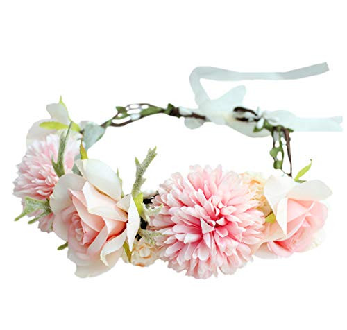 LLinfflr Women Floral Crown Flower Garland Headband Hair Wreath Floral Halo Headpiece Boho with Ribbon Wedding Party Photos Pink