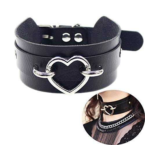 Jurxy Heart Choker Necklace PU Leather Goth Choker Collar with Heart Punk Rock Collar Adjustable Size   Black