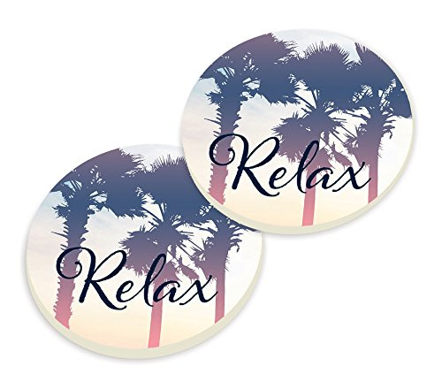 P. GRAHAM DUNN Relax Palm Tree Sunset 3 x 3 Ceramic Car Coasters 2 Pack