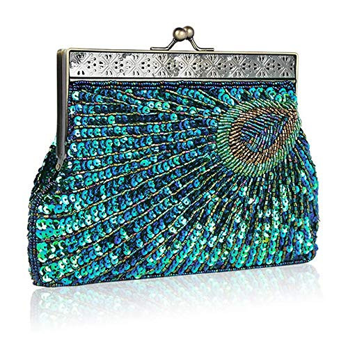 Vintage Sequin Beaded Evening Bag Peacock Evening Wedding Clutch Purse Evening Handbag for Women  Peacock Blue