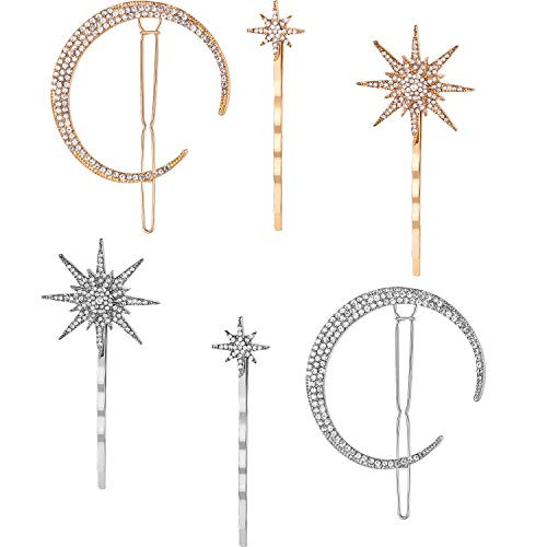 6 Pieces Stars and Moon Hair Clips Vintage Rhinestone Star Hair Pin Hair Barrettes Metal Alloy Moon Hair Pins for Women Girls Thick Hair Accessories  Gold and Silver