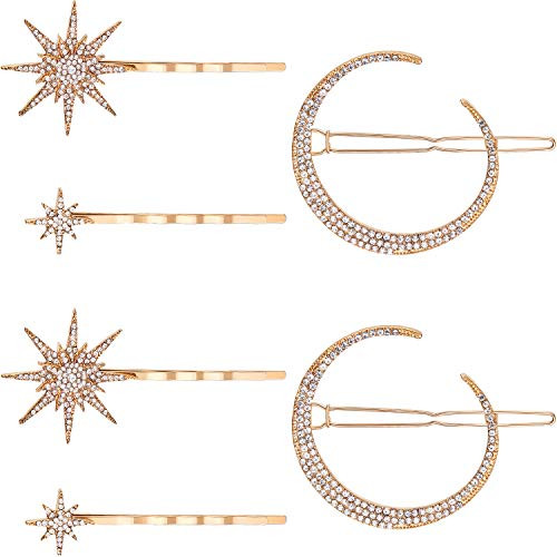 6 Pieces Stars and Moon Hair Clips Vintage Rhinestone Star Hair Pin Hair Barrettes Metal Alloy Moon Hair Pins for Women Girls Thick Hair Accessories  Gold