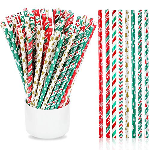 200 Pieces Christmas Paper Straws Decorative Drinking Straws Biodegradable Striped Tree Snowflake Straws for Christmas New Year Party Favors Home Wedding Supplies 8 Styles