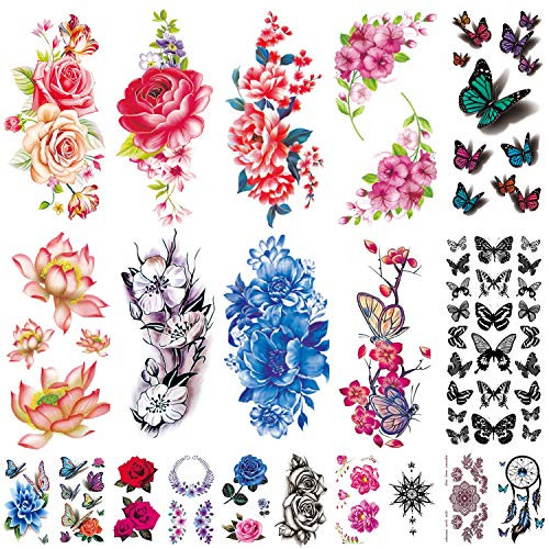 Flowers Temporary Tattoos Stickers Roses Butterflies and Multi Colored Mixed Style Body Art Temporary Tattoos for Women Girls or Kids Flowers Temporary Tattoos Stickers Roses Butterflies and Multi Colored Mixed Style Body Art Temporary Tattoos for Women Girls or Kids