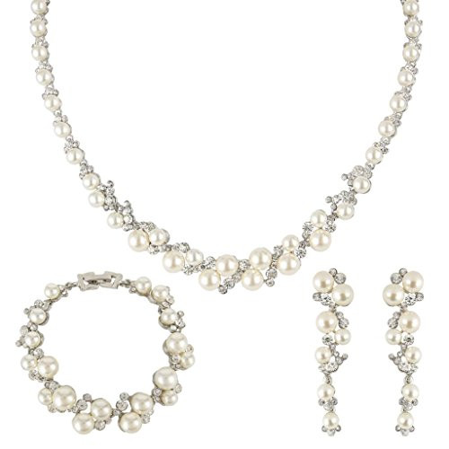 EVER FAITH Simulated Pearl Crystal Bridal Necklace Earrings Bracelet Set Clear EVER FAITH Simulated Pearl Crystal Bridal Necklace Earrings Bracelet Set Clear