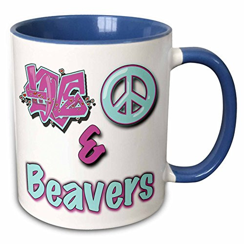 3dRose Love Peace And Beavers Purple Two Tone Mug 11 oz Blue White