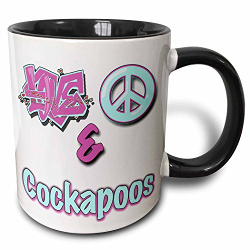 3dRose Love Peace And Cockapoos In Blue And Purple Two Tone Mug 11 oz Black White