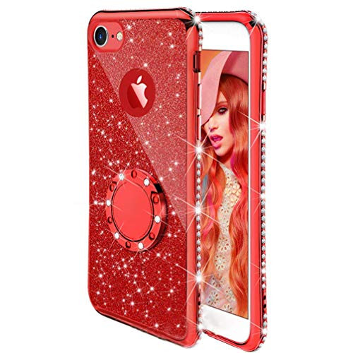 Compatible Apple iPhone 7 iPhone 8 Case, ANERNAI Glitter Cute Girls Women Kickstand Bling Diamond Rhinestone Bumper Ring Stand Protective Durable TPU Cover (Red)