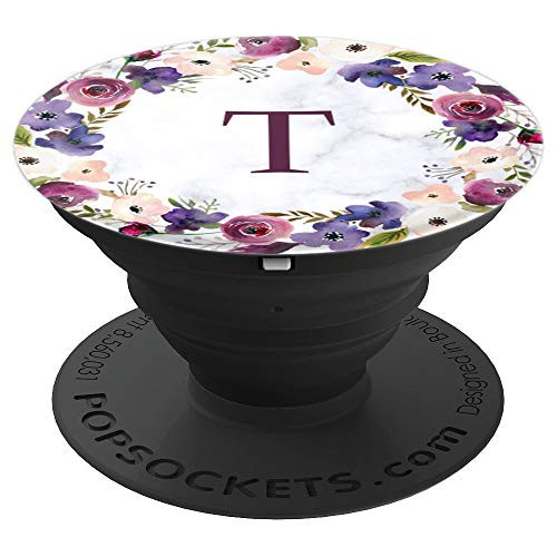 Floral Monogram Initial Letter T White Marble Background PopSockets Grip and Stand for Phones and Tablets