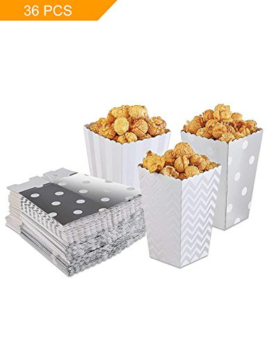 HansGo Popcorn Boxes, 36PCS Silver Striped Paper Popcorn Boxes Cardboard Candy Container for Birthday Theater Themed Parties Movie Nights Carnivals