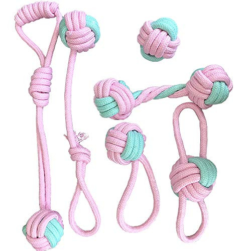 KIBUN Dog Rope Toys Dog Chew Toys Puppy Teething Toys Puppy Chew Toys Puppy Toys Small Dog Toys Chew Toys Dog Toy Pack Tug Toy Dog Toy Set Washable Cotton Rope for Dogs  Pink Set