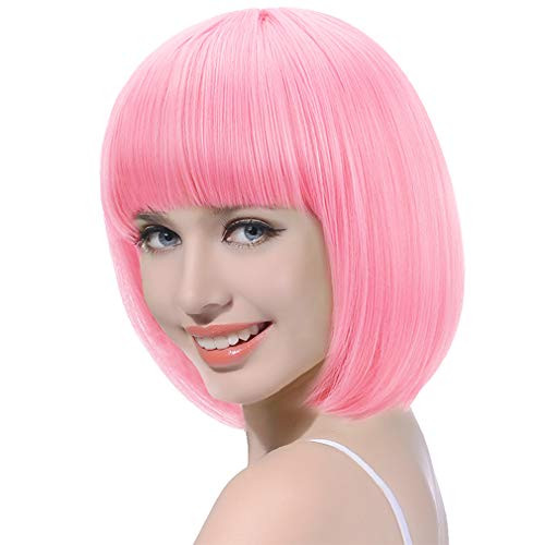 Updated Short Bob Wig with Bangs 13  Synthetic Straight Carnival Costume Party Cosplay Christmas Halloween Flapper Hair Wigs for Girls Women  Pink