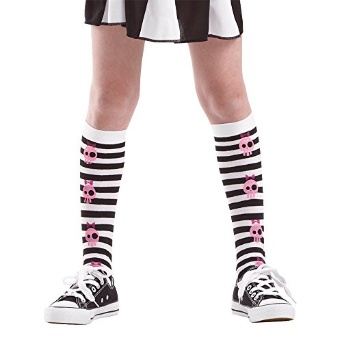 Pink Skull Black Striped Tights   Kids Halloween Costume   Dress Up Stockings  Medium