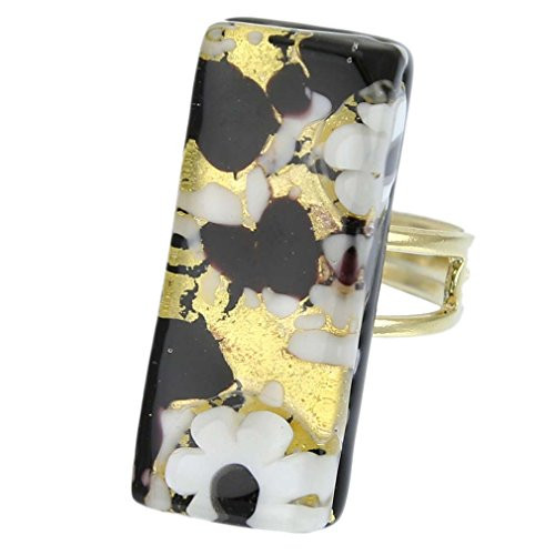 GlassOfVenice Murano Glass Venetian Reflections Rectangular Adjustable Ring   Black Gold