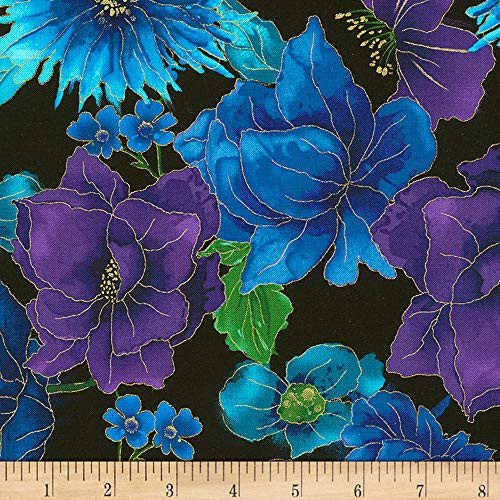 Timeless Treasures Fly By Night Allover Flowers Metallic Fabric Gold Red Black Fabric By The Yard