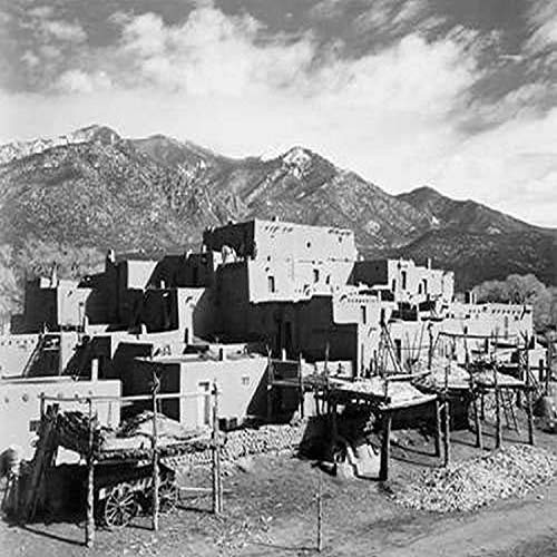 Full view of city mountains in background Taos Pueblo National Historic Landmark New Mexico 1941 Poster Print by Ansel Adams  8 x 10