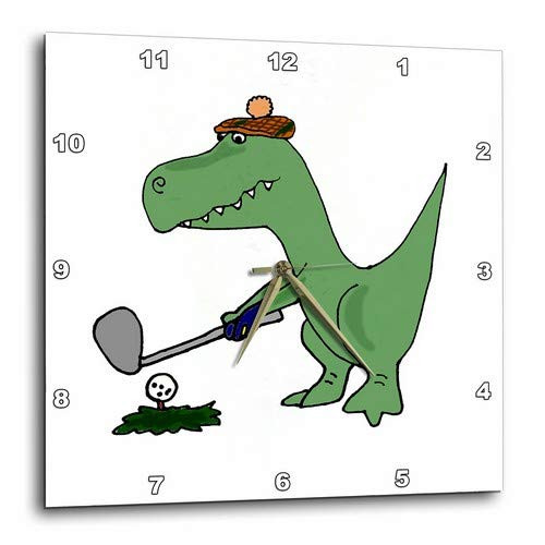 3dRose DPP 203784 1 Funny Green Trex Dinosaur Playing Golf Wall Clock 10 x 10