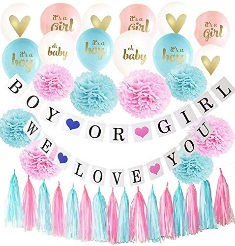 Gender Reveal Party Supplies Pink Blue Ballons Tissue Pom Pom Boy or Girl Banner Pink Blue Tassel Garland Birthday Party Baby Shower Decorations Pink Blue Decorations  Gender Reveal Decorations