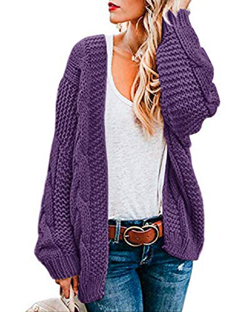 Ferrtye Womens Oversized Chunky Open Front Cardigan Sweaters Cable Knit Long Sleeve Boyfriend Cardigans Outwear Coat Purple