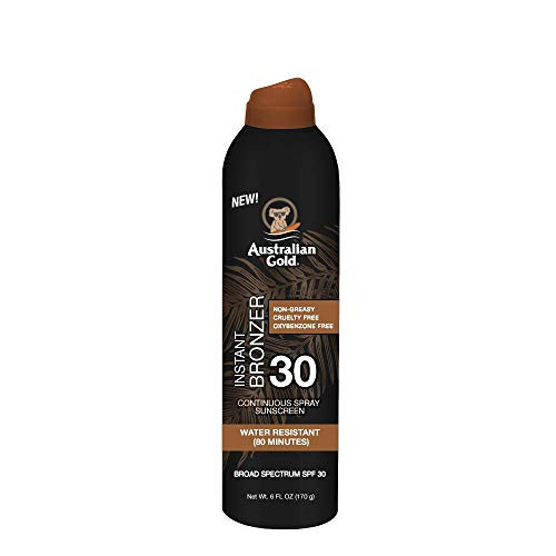 Australian Gold Continuous Spray Sunscreen with Instant Bronzer SPF 30 6 Ounce   Immediate Glow   Dries Fast   Broad Spectrum   Water Resistant   Non Greasy   Oxybenzone Free   Cruelty Free