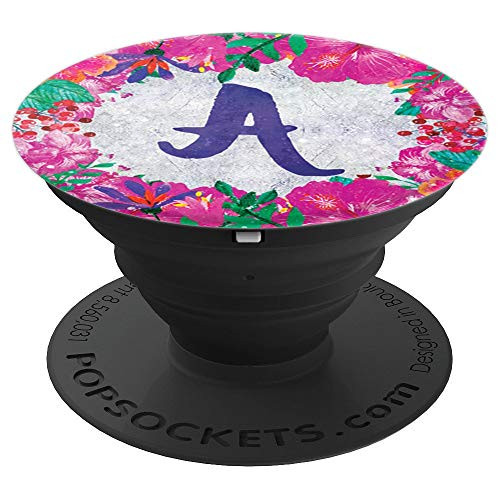 Pink Flowers White Background Blue Monogram Initial Letter A PopSockets Grip and Stand for Phones and Tablets