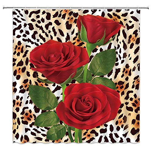 MNSC Leopard Print Shower Curtain Red Rose Mix Leopard Pattern Background African Animal Skin Wild Safari Vintage Spring Floral Romantic Creative Art Decor Fabric Bathroom Curtain with Hooks