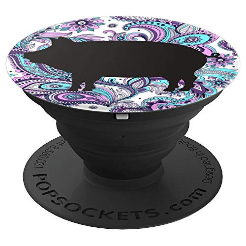 Pig Silhouette on Retro Paisley Pattern Background PopSockets Grip and Stand for Phones and Tablets