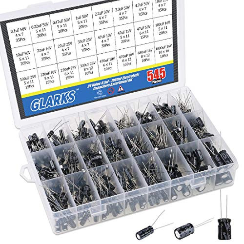 Glarks 545Pcs 24 Value 10V 16V 25V 50V Metal Electrolytic Capacitors Assorted Assortment Kit Set Lable Capacitor Range 01UF   1000UF