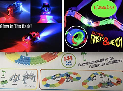 L AVENIRVR Glow in The Dark Race Flexible Tracks Set with Electric Car 144 Pieces with Light Up Toy Cars Flexible and Bendable DIY Fun Racing Toy  Interactive STEM Toy Gift for Girls and Boys