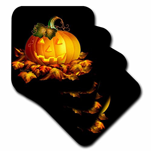 3dRose LLC cst 11657 1 Glowing JackoLantern and Autumn leaves on Halloween Night with Black Background Soft Coasters Set of 4