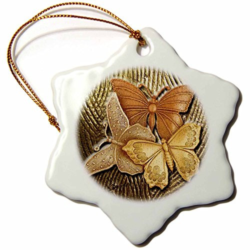 3dRose Embossed Background with Accents and Three Beautiful Butterflies in Golds Yellows and Copper Snowflake Ornament 3