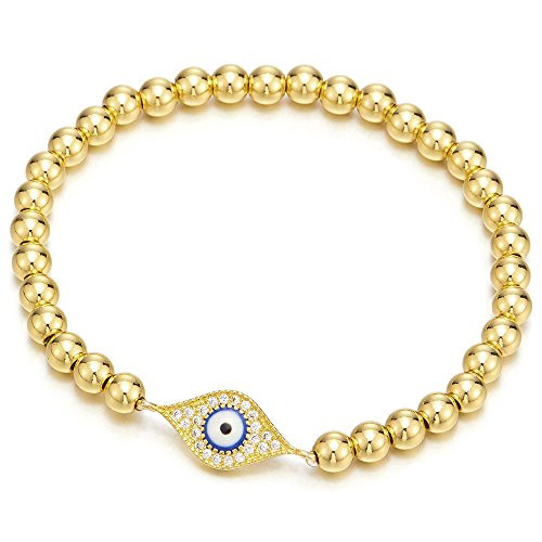 COOLSTEELANDBEYOND Gold Beads Bracelet for Women Men with Cubic Zirconia Protection Evil Eye