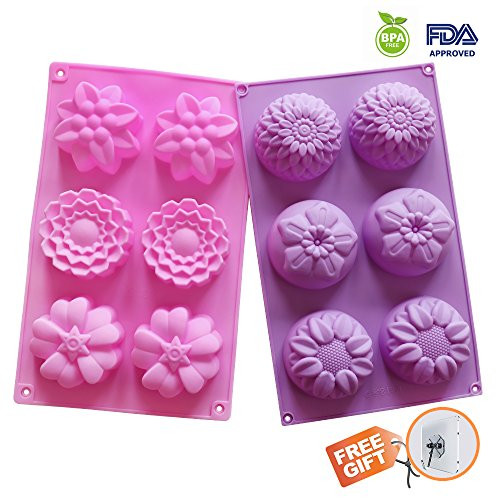 Silicone Molds Flower Soap Mold Candy Molds Chocolate Molds Biscuit Cake Mold Ice Cube Tray Muffin Pan, 6 Cavity Set of 2 Pack