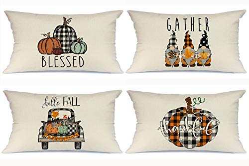 AENEY Fall Pillow Covers 12x20 Set of 4 for Fall Decor Farmhouse Thanksgiving Buffalo Check Plaid Gnomes Pumpkin Outdoor Fall Pillows Decorative Throw Pillows Autumn Cushion Cases for Couch 1015bz12