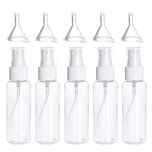 5 PACK 50ml Clear Fine Mist Spray Bottles Mini Travel Size Spray Empty Bottle with Funnel and label Refillable Bottle Toiletries Liquid Containers for Essential Oil Perfume M U Remover