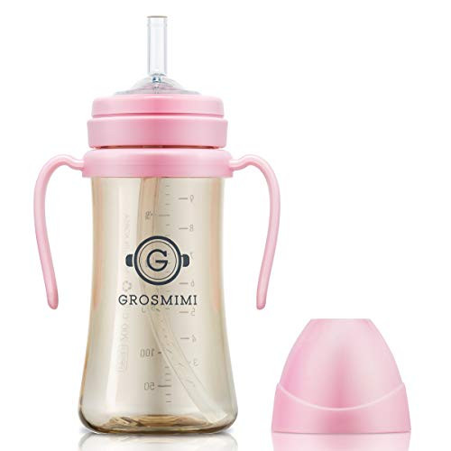 Grosmimi Spill Proof no Spill Magic Sippy Cup with Straw with Handle for Baby and Toddlers Customizable PPSU BPA Free 10 oz  Pink
