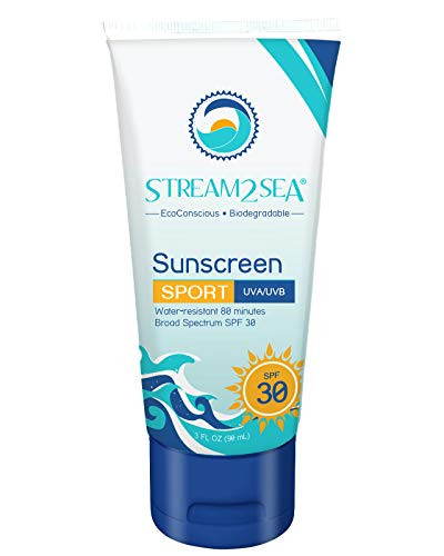 Stream2Sea Reef Safe Sport Sunscreen SPF 30 Natural Water Resistant Biodegradable Coral and Ocean Friendly Mineral Sunblock UVA UVB 3 ounces