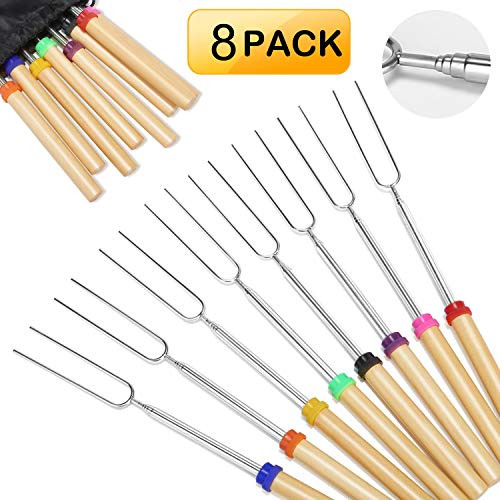 Marshmallow Roasting Sticks with Wooden Handle Extendable Forks Set of 8Pcs 32Inch Telescoping Marshmallow Skewers Campfire Stove BBQ Tools