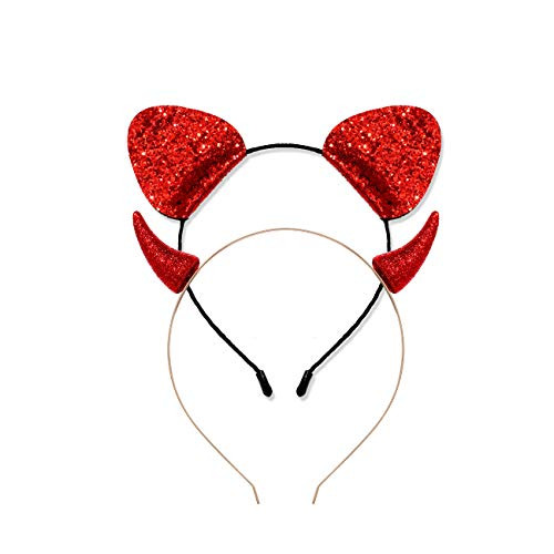 LENOOCLE Halloween Headband for Women Glitter Devil Horns Headband Cat Ear Headband Halloween Hair Hoop Accessories for Party Evening  Red