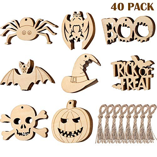 Halloween Wooden Hanging Ornaments Halloween Wooden Slices Pumpkins Embellishments Wood Cutouts Unfinished Ghosts Wood Tags with Twine Ropes for DIY Crafts Halloween Decorations  40