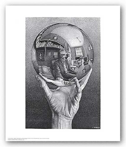 Hand with Reflecting Sphere Self Portrait in Spherical Mirror by MC Escher Art Poster Print Overall Size  2175x255 Image Size  14x21