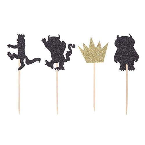 24 Counts Black and Gold Glitter Where the Wild Things Are Inspired Cupcake Toppers Wild One Birthday Party Decorations