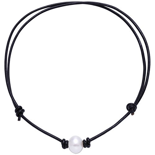 Aobei Pearl Single Cultured Freshwater Pearl Necklace Choker for Women Genuine Leather Jewelry Handmade Black  Adjustable