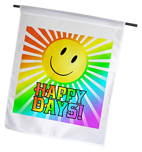 3dRose Happy Days with Smiley Face Sun   Rainbow Background   Garden Flag 12 by 18