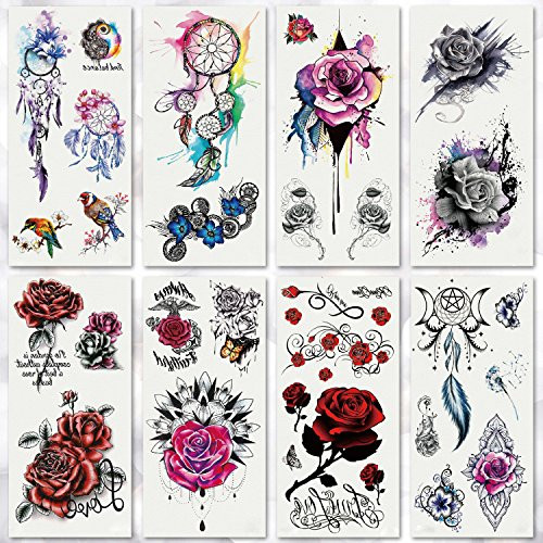 Kotbs 9 Sheets Temporary Tattoos 3d Flower Rose Temporary Tattoo Stickers For Women Girls Fake Tattoo Body Art Adult Waterproof Body Sticker