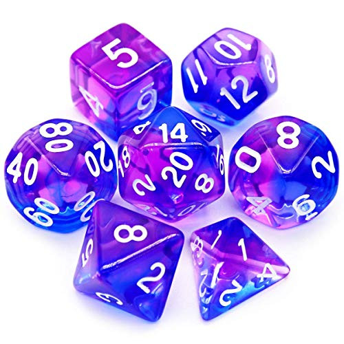 Haxtec 7PCS DND Dice Set Polyhedral D D Dice of D20 D12 D10 D8 D6 D4 for Dungeons and Dragons TTRPG Games  Purple Blue